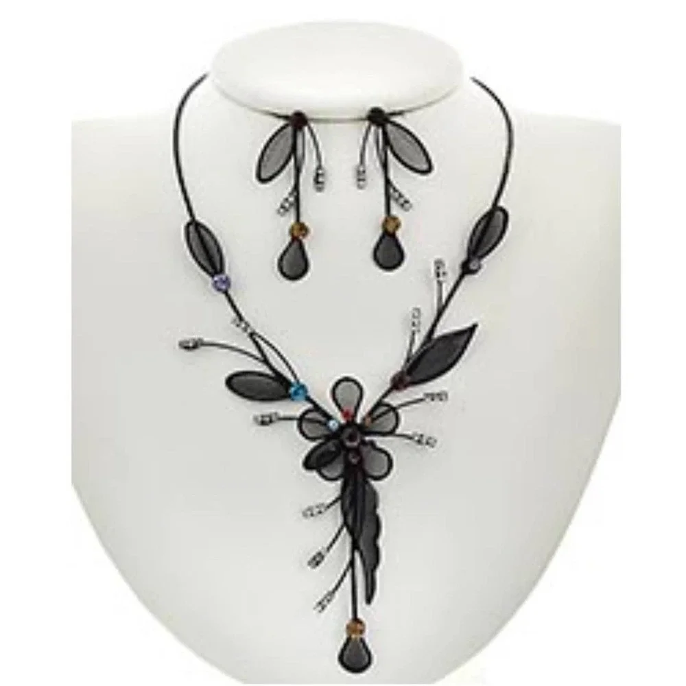 BLACK TONE & MULTI COLOR RHINESTONE FLOWER Y-NECK NECKLACE & EARRING SET
